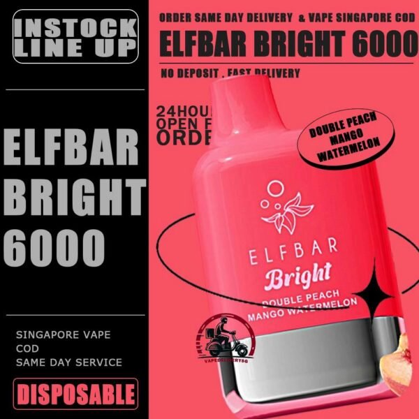 ELFBAR BRIGHT 6000 DISPOSABLE - VAPE DELIVERY SG SINGAPORE The Elfbar Bright 6000 Puffs Disposable vape ready stock in our sg singapore store online shop for same day delivery. Feel the elf bar bright 6k combination of power and flavor. With QUAQ MESH, every puff unleashes a powerful throat hit bursting with flavor. Fresh Taste, Fresh Vibes! Newest flavor lineup yet. Indulge in rich, satisfying tastes that make every inhale a delight. Try it now ELF BAR BRIGHT ! Note: Battery power shall not be released normally when the ambient temperature is lower than -5℃. We suggest before the activation, this product shall be left in a warm environment for about three days to restore battery discharge capacity.   Specification : Puff: 6000 Puffs Nicotine Strength: 50mg / 5% Battery Capacity: 400mAh Charging Port: Type-C Rechargeable ⚠️ELFBAR BRIGHT 6000 FLAVOUR LINE UP⚠️ Apple Strawberry Mango Bubblegum Mint Double Peach Mango Watermelon Double Strawberry Ice Cream Double Strawberry Juicy Peach Fanta Lemon Cola Lychee Grape Honeydew Mixed Kiwi Passion Strawberry Grape Bubblegum SG VAPE COD SAME DAY DELIVERY , CASH ON DELIVERY ONLY. TAKE BULK ORDER /MORE ORDER PLS CONTACT ME : VAPEDELIVERYSG VIEW OUR DAILY NEWS INFORMATION VAPE : TELEGRAM CHANNEL