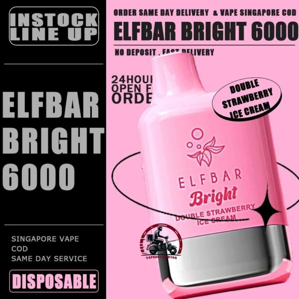ELFBAR BRIGHT 6000 DISPOSABLE - VAPE DELIVERY SG SINGAPORE The Elfbar Bright 6000 Puffs Disposable vape ready stock in our sg singapore store online shop for same day delivery. Feel the elf bar bright 6k combination of power and flavor. With QUAQ MESH, every puff unleashes a powerful throat hit bursting with flavor. Fresh Taste, Fresh Vibes! Newest flavor lineup yet. Indulge in rich, satisfying tastes that make every inhale a delight. Try it now ELF BAR BRIGHT ! Note: Battery power shall not be released normally when the ambient temperature is lower than -5℃. We suggest before the activation, this product shall be left in a warm environment for about three days to restore battery discharge capacity.   Specification : Puff: 6000 Puffs Nicotine Strength: 50mg / 5% Battery Capacity: 400mAh Charging Port: Type-C Rechargeable ⚠️ELFBAR BRIGHT 6000 FLAVOUR LINE UP⚠️ Apple Strawberry Mango Bubblegum Mint Double Peach Mango Watermelon Double Strawberry Ice Cream Double Strawberry Juicy Peach Fanta Lemon Cola Lychee Grape Honeydew Mixed Kiwi Passion Strawberry Grape Bubblegum SG VAPE COD SAME DAY DELIVERY , CASH ON DELIVERY ONLY. TAKE BULK ORDER /MORE ORDER PLS CONTACT ME : VAPEDELIVERYSG VIEW OUR DAILY NEWS INFORMATION VAPE : TELEGRAM CHANNEL