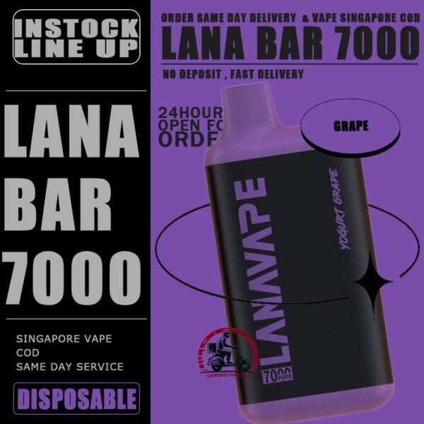LANA BAR 7000 DISPOSABLE - VAPE DELIVERY SG SINGAPORE The Lana Bar 7000 Puffs is a Yogurt series , compact and stylish disposable vape kit that offers a convenient and satisfying vaping experience, it is perfect for those who prefer a simple yet stylish look. One of the standout features of the Lanabar 7000 is its flavor options. The device offers a range of flavors to choose from, each with its own unique taste profile. The flavors are well-balanced and do not contain any harsh or irritant ingredients, making for a smooth and enjoyable vaping experience. Whether you prefer sweet, fruity, or menthol flavors, This vape has something for everyone. Specification : Nicotine Strength :3% 30mg Battery Capacity : 850mAh Charing Port : Rechargeable Type-C E-liquied Capacity :10ml ⚠️LANA BAR 7000 FLAVOUR LINE UP⚠️ Aloe Blueberry Grape Mango Orange Passion Fruit Peach Mango Peach Ribena Strawberry Watermelon SG VAPE COD SAME DAY DELIVERY , CASH ON DELIVERY ONLY. TAKE BULK ORDER /MORE ORDER PLS CONTACT ME : VAPEDELIVERYSG VIEW OUR DAILY NEWS INFORMATION VAPE : TELEGRAM CHANNEL