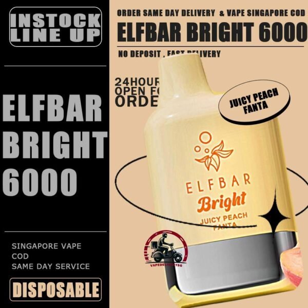 ELFBAR BRIGHT 6000 DISPOSABLE - VAPE DELIVERY SG SINGAPORE The Elfbar Bright 6000 Puffs Disposable vape ready stock in our sg singapore store online shop for same day delivery. Feel the elf bar bright 6k combination of power and flavor. With QUAQ MESH, every puff unleashes a powerful throat hit bursting with flavor. Fresh Taste, Fresh Vibes! Newest flavor lineup yet. Indulge in rich, satisfying tastes that make every inhale a delight. Try it now ELF BAR BRIGHT ! Note: Battery power shall not be released normally when the ambient temperature is lower than -5℃. We suggest before the activation, this product shall be left in a warm environment for about three days to restore battery discharge capacity.   Specification : Puff: 6000 Puffs Nicotine Strength: 50mg / 5% Battery Capacity: 400mAh Charging Port: Type-C Rechargeable ⚠️ELFBAR BRIGHT 6000 FLAVOUR LINE UP⚠️ Apple Strawberry Mango Bubblegum Mint Double Peach Mango Watermelon Double Strawberry Ice Cream Double Strawberry Juicy Peach Fanta Lemon Cola Lychee Grape Honeydew Mixed Kiwi Passion Strawberry Grape Bubblegum SG VAPE COD SAME DAY DELIVERY , CASH ON DELIVERY ONLY. TAKE BULK ORDER /MORE ORDER PLS CONTACT ME : VAPEDELIVERYSG VIEW OUR DAILY NEWS INFORMATION VAPE : TELEGRAM CHANNEL