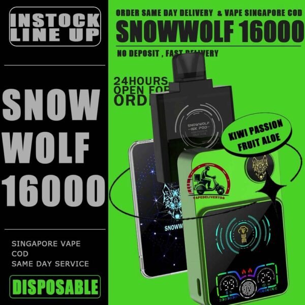 SNOWWOLF 16000 DISPOSABLE STARTER KIT & CARTRIDGE POD - VAPE DELIVERY SG SINGAPORE The SNOWWOLF 16000 ( 16K Puffs ) STARTER KIT & CARTRIDGE POD Disposable vape Ready stock in our sg singapore store online shop for same day delivery. Introducing the innovative Snowwolf Smart HD with an impressive 16,000 puffs capacity. It feature a vibrant HD screen displaying your vaping duration, voltage level, battery life, and liquid percentage. Customize your experience with adjustable voltage settings from 5W to a powerful 15W, all powered by a reliable 650mAh battery with fast charging, 80% charge in just 20 minutes. Discover a unique feature - automatic vaping time monitoring for easy tracking of your sessions. Elevate your vaping experience with the Snowwolf . Locking/Unlocking the Device: To lock or unlock the device, press the button for 3 seconds. Switching Voltage: To switch the voltage, press the button 1 times. Each press will change the voltage in 1W increments. The available voltage options from 5W to 15W. STARTER KIT Package Include : X1 SNOWWOLF Device Battery X1 Prefilled Pod 16k Puffs CARTRIDGE Package Include : X1 Prefilled Pod 16k Puffs Specifition : Nicotine Strength: 50mg ( 5% ) Battery Capacity : 800mAh Wattage : 15-25 watts adjustable Charging : 20 mins super charge Coils : Dual Mesh Coil E-liquid capacity : 12ml ⚠️SNOWWOLF 16000 FLAVOUR LINE UP⚠️ Blow Pop (Strawberry BBG) Blue Power Watermelon (Berry Watermelon BBG) Meta Moon (Strawberry Watermelon Honeydew) Watermelon Mint Bubblegum Kiwi Passion Fruit Aloe Cream Cake Taro Ice Cream Double Mango Lychee Grape Strawberry Watermelon Strawberry Grape Candy Skittles SG VAPE COD SAME DAY DELIVERY , CASH ON DELIVERY ONLY. TAKE BULK ORDER /MORE ORDER PLS CONTACT ME : VAPEDELIVERYSG VIEW OUR DAILY NEWS INFORMATION VAPE : TELEGRAM CHANNEL