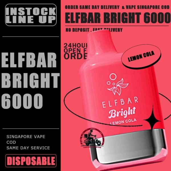 ELFBAR BRIGHT 6000 DISPOSABLE - VAPE DELIVERY SG SINGAPORE The Elfbar Bright 6000 Puffs Disposable vape ready stock in our sg singapore store online shop for same day delivery. Feel the elf bar bright 6k combination of power and flavor. With QUAQ MESH, every puff unleashes a powerful throat hit bursting with flavor. Fresh Taste, Fresh Vibes! Newest flavor lineup yet. Indulge in rich, satisfying tastes that make every inhale a delight. Try it now ELF BAR BRIGHT ! Note: Battery power shall not be released normally when the ambient temperature is lower than -5℃. We suggest before the activation, this product shall be left in a warm environment for about three days to restore battery discharge capacity.   Specification : Puff: 6000 Puffs Nicotine Strength: 50mg / 5% Battery Capacity: 400mAh Charging Port: Type-C Rechargeable ⚠️ELFBAR BRIGHT 6000 FLAVOUR LINE UP⚠️ Apple Strawberry Mango Bubblegum Mint Double Peach Mango Watermelon Double Strawberry Ice Cream Double Strawberry Juicy Peach Fanta Lemon Cola Lychee Grape Honeydew Mixed Kiwi Passion Strawberry Grape Bubblegum SG VAPE COD SAME DAY DELIVERY , CASH ON DELIVERY ONLY. TAKE BULK ORDER /MORE ORDER PLS CONTACT ME : VAPEDELIVERYSG VIEW OUR DAILY NEWS INFORMATION VAPE : TELEGRAM CHANNEL