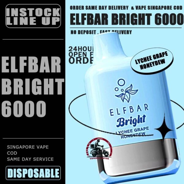 ELFBAR BRIGHT 6000 DISPOSABLE - VAPE DELIVERY SG SINGAPORE The Elfbar Bright 6000 Puffs Disposable vape ready stock in our sg singapore store online shop for same day delivery. Feel the elf bar bright 6k combination of power and flavor. With QUAQ MESH, every puff unleashes a powerful throat hit bursting with flavor. Fresh Taste, Fresh Vibes! Newest flavor lineup yet. Indulge in rich, satisfying tastes that make every inhale a delight. Try it now ELF BAR BRIGHT ! Note: Battery power shall not be released normally when the ambient temperature is lower than -5℃. We suggest before the activation, this product shall be left in a warm environment for about three days to restore battery discharge capacity.   Specification : Puff: 6000 Puffs Nicotine Strength: 50mg / 5% Battery Capacity: 400mAh Charging Port: Type-C Rechargeable ⚠️ELFBAR BRIGHT 6000 FLAVOUR LINE UP⚠️ Apple Strawberry Mango Bubblegum Mint Double Peach Mango Watermelon Double Strawberry Ice Cream Double Strawberry Juicy Peach Fanta Lemon Cola Lychee Grape Honeydew Mixed Kiwi Passion Strawberry Grape Bubblegum SG VAPE COD SAME DAY DELIVERY , CASH ON DELIVERY ONLY. TAKE BULK ORDER /MORE ORDER PLS CONTACT ME : VAPEDELIVERYSG VIEW OUR DAILY NEWS INFORMATION VAPE : TELEGRAM CHANNEL