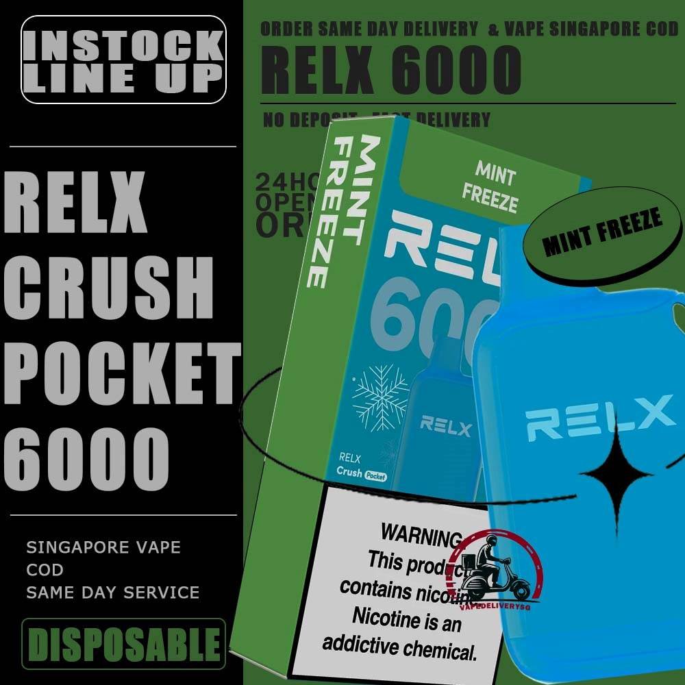RELX CRUSH POCKET 6000 DISPOSABLE - VAPE DELIVERY SG SINGAPORE The RELX Crush Pocket 6000 Puffs Disposable vape Ready stock at Singapore sg shop on sale for same day delivery. This kit offers a refreshing summer experience with its subtle sweetness, strong cooling effect, and moderate richness RELX Pocket features a puff count of up to 6k puffs, an atomizer with a mech coil 2.0, powered by 10W. Equipped with a 470mAh battery, it reaches 80% charge in just 45 minutes. Specifition : Puffs: 6000 Puff Nicotine Strength : 3% Charging Time : Roughly 30-45min Battery Capacity : Type-C Rechargeable ⚠️RELX CRUSH POCKET 6000 FLAVOUR LINE UP⚠️ Chrysanthemum Tea (3%) Icy Mineral Water (3%) LongJIng Tea (3%) Mint Freeze (3%) Peach Oolong Tea (3%) Root Beer (3%) Sea Salt Lemon (3%) Sour Plum Cola (3%) TieGuanYin Tea (3%) Watermelon Chill (3%) Creamy Tobacco (5%) Fresh Mint (5%) Mocha (5%) Tangy Grape (5%) Triple Mango (5%) SG VAPE COD SAME DAY DELIVERY , CASH ON DELIVERY ONLY. TAKE BULK ORDER /MORE ORDER PLS CONTACT ME : VAPEDELIVERYSG VIEW OUR DAILY NEWS INFORMATION VAPE : TELEGRAM CHANNEL