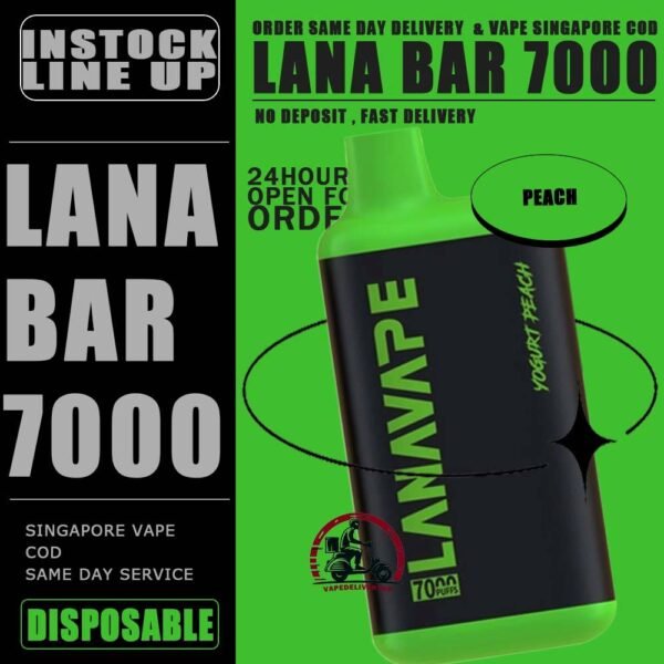 LANA BAR 7000 DISPOSABLE - VAPE DELIVERY SG SINGAPORE The Lana Bar 7000 Puffs is a Yogurt series , compact and stylish disposable vape kit that offers a convenient and satisfying vaping experience, it is perfect for those who prefer a simple yet stylish look. One of the standout features of the Lanabar 7000 is its flavor options. The device offers a range of flavors to choose from, each with its own unique taste profile. The flavors are well-balanced and do not contain any harsh or irritant ingredients, making for a smooth and enjoyable vaping experience. Whether you prefer sweet, fruity, or menthol flavors, This vape has something for everyone. Specification : Nicotine Strength :3% 30mg Battery Capacity : 850mAh Charing Port : Rechargeable Type-C E-liquied Capacity :10ml ⚠️LANA BAR 7000 FLAVOUR LINE UP⚠️ Aloe Blueberry Grape Mango Orange Passion Fruit Peach Mango Peach Ribena Strawberry Watermelon SG VAPE COD SAME DAY DELIVERY , CASH ON DELIVERY ONLY. TAKE BULK ORDER /MORE ORDER PLS CONTACT ME : VAPEDELIVERYSG VIEW OUR DAILY NEWS INFORMATION VAPE : TELEGRAM CHANNEL