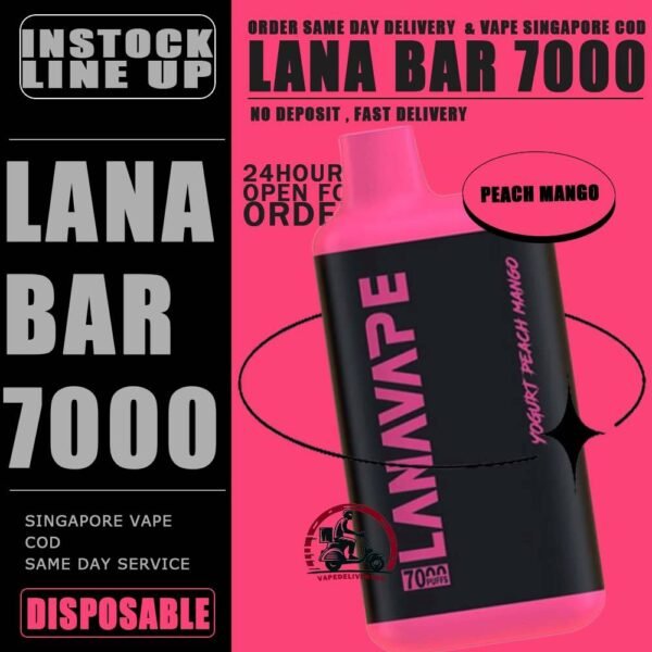LANA BAR 7000 DISPOSABLE - VAPE DELIVERY SG SINGAPORE The Lana Bar 7000 Puffs is a Yogurt series , compact and stylish disposable vape kit that offers a convenient and satisfying vaping experience, it is perfect for those who prefer a simple yet stylish look. One of the standout features of the Lanabar 7000 is its flavor options. The device offers a range of flavors to choose from, each with its own unique taste profile. The flavors are well-balanced and do not contain any harsh or irritant ingredients, making for a smooth and enjoyable vaping experience. Whether you prefer sweet, fruity, or menthol flavors, This vape has something for everyone. Specification : Nicotine Strength :3% 30mg Battery Capacity : 850mAh Charing Port : Rechargeable Type-C E-liquied Capacity :10ml ⚠️LANA BAR 7000 FLAVOUR LINE UP⚠️ Aloe Blueberry Grape Mango Orange Passion Fruit Peach Mango Peach Ribena Strawberry Watermelon SG VAPE COD SAME DAY DELIVERY , CASH ON DELIVERY ONLY. TAKE BULK ORDER /MORE ORDER PLS CONTACT ME : VAPEDELIVERYSG VIEW OUR DAILY NEWS INFORMATION VAPE : TELEGRAM CHANNEL