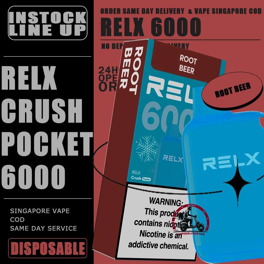 RELX CRUSH POCKET 6000 DISPOSABLE - VAPE DELIVERY SG SINGAPORE The RELX Crush Pocket 6000 Puffs Disposable vape Ready stock at Singapore sg shop on sale for same day delivery. This kit offers a refreshing summer experience with its subtle sweetness, strong cooling effect, and moderate richness RELX Pocket features a puff count of up to 6k puffs, an atomizer with a mech coil 2.0, powered by 10W. Equipped with a 470mAh battery, it reaches 80% charge in just 45 minutes. Specifition : Puffs: 6000 Puff Nicotine Strength : 3% Charging Time : Roughly 30-45min Battery Capacity : Type-C Rechargeable ⚠️RELX CRUSH POCKET 6000 FLAVOUR LINE UP⚠️ Chrysanthemum Tea (3%) Icy Mineral Water (3%) LongJIng Tea (3%) Mint Freeze (3%) Peach Oolong Tea (3%) Root Beer (3%) Sea Salt Lemon (3%) Sour Plum Cola (3%) TieGuanYin Tea (3%) Watermelon Chill (3%) Creamy Tobacco (5%) Fresh Mint (5%) Mocha (5%) Tangy Grape (5%) Triple Mango (5%) SG VAPE COD SAME DAY DELIVERY , CASH ON DELIVERY ONLY. TAKE BULK ORDER /MORE ORDER PLS CONTACT ME : VAPEDELIVERYSG VIEW OUR DAILY NEWS INFORMATION VAPE : TELEGRAM CHANNEL