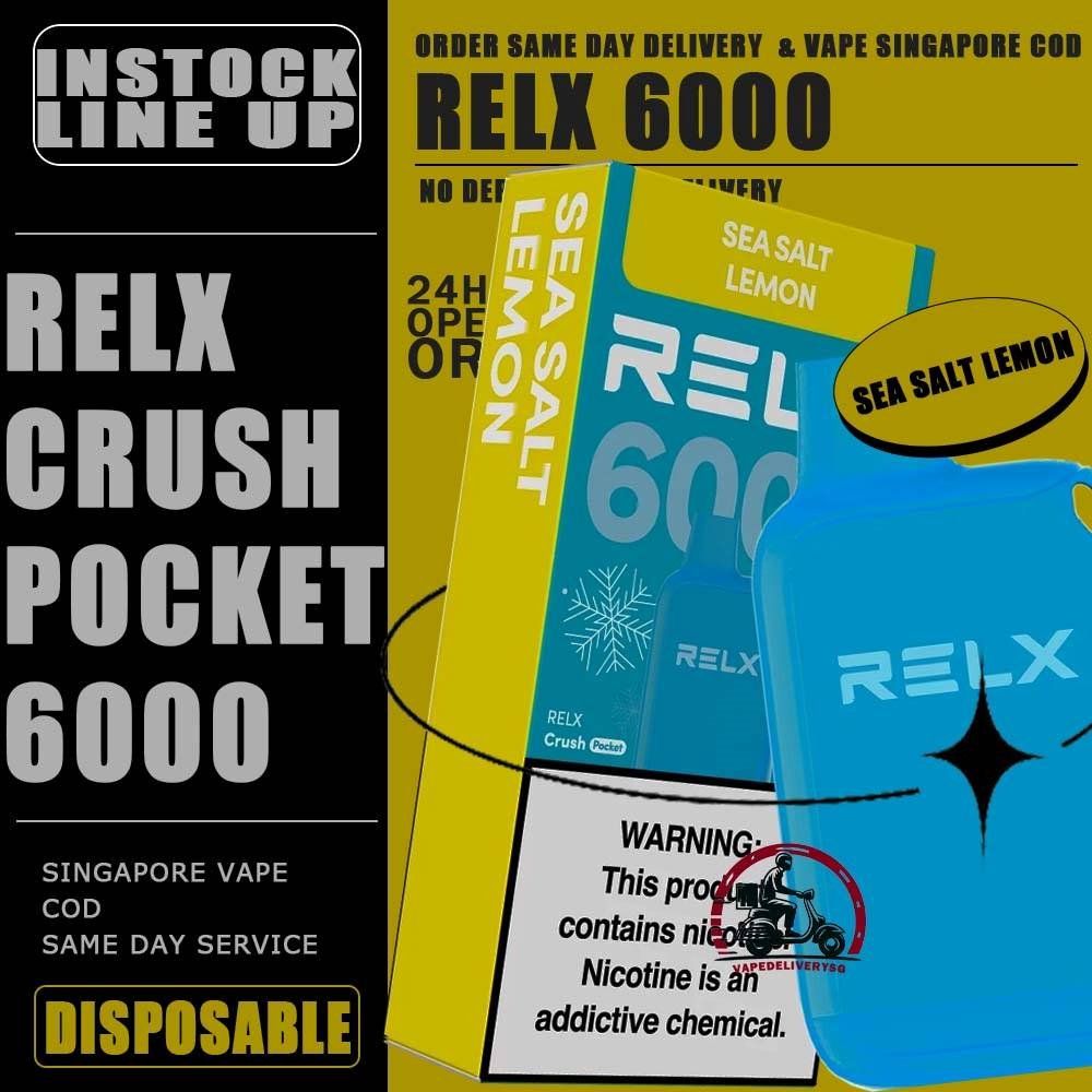 RELX CRUSH POCKET 6000 DISPOSABLE - VAPE DELIVERY SG SINGAPORE The RELX Crush Pocket 6000 Puffs Disposable vape Ready stock at Singapore sg shop on sale for same day delivery. This kit offers a refreshing summer experience with its subtle sweetness, strong cooling effect, and moderate richness RELX Pocket features a puff count of up to 6k puffs, an atomizer with a mech coil 2.0, powered by 10W. Equipped with a 470mAh battery, it reaches 80% charge in just 45 minutes. Specifition : Puffs: 6000 Puff Nicotine Strength : 3% Charging Time : Roughly 30-45min Battery Capacity : Type-C Rechargeable ⚠️RELX CRUSH POCKET 6000 FLAVOUR LINE UP⚠️ Chrysanthemum Tea (3%) Icy Mineral Water (3%) LongJIng Tea (3%) Mint Freeze (3%) Peach Oolong Tea (3%) Root Beer (3%) Sea Salt Lemon (3%) Sour Plum Cola (3%) TieGuanYin Tea (3%) Watermelon Chill (3%) Creamy Tobacco (5%) Fresh Mint (5%) Mocha (5%) Tangy Grape (5%) Triple Mango (5%) SG VAPE COD SAME DAY DELIVERY , CASH ON DELIVERY ONLY. TAKE BULK ORDER /MORE ORDER PLS CONTACT ME : VAPEDELIVERYSG VIEW OUR DAILY NEWS INFORMATION VAPE : TELEGRAM CHANNEL