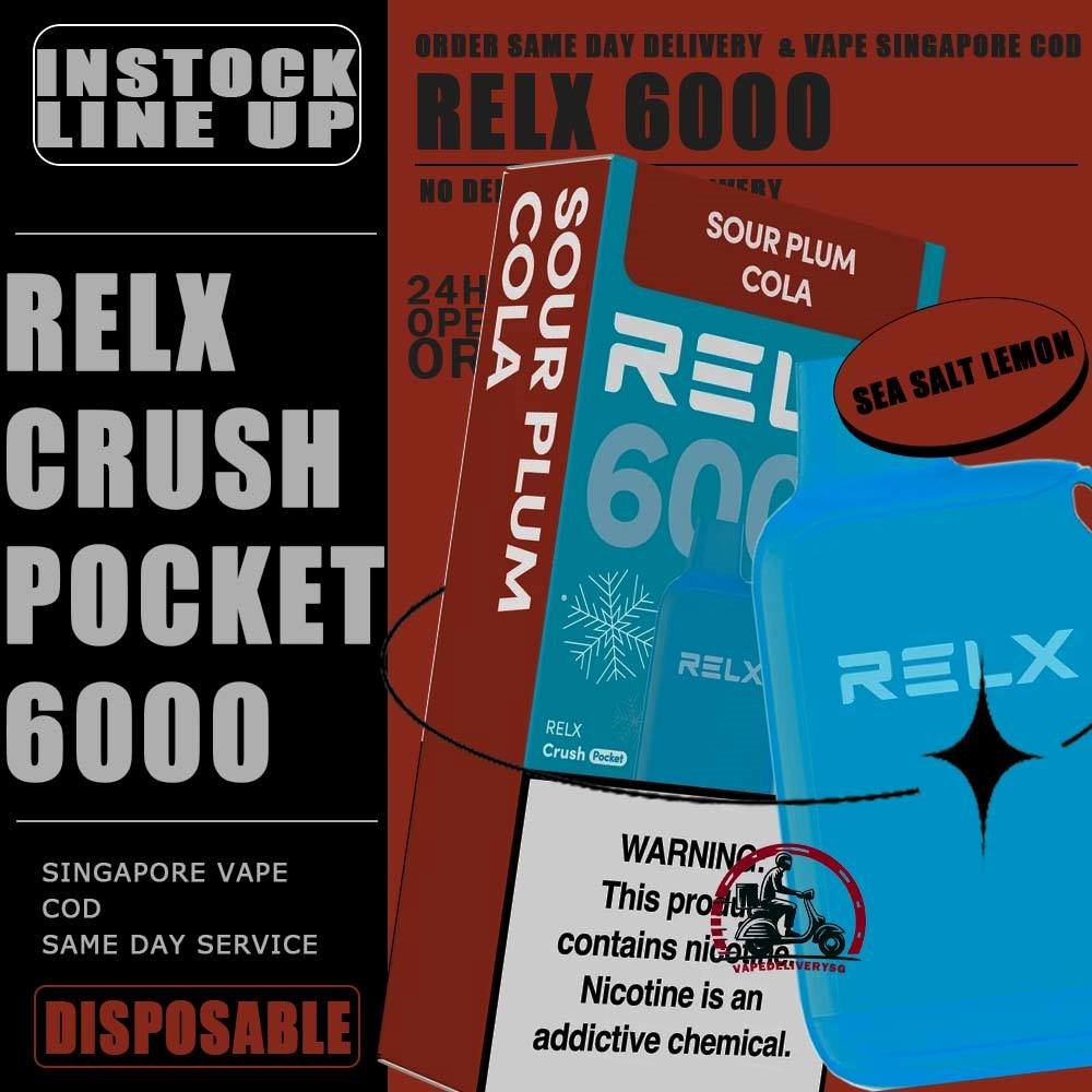 RELX CRUSH POCKET 6000 DISPOSABLE - VAPE DELIVERY SG SINGAPORE The RELX Crush Pocket 6000 Puffs Disposable vape Ready stock at Singapore sg shop on sale for same day delivery. This kit offers a refreshing summer experience with its subtle sweetness, strong cooling effect, and moderate richness RELX Pocket features a puff count of up to 6k puffs, an atomizer with a mech coil 2.0, powered by 10W. Equipped with a 470mAh battery, it reaches 80% charge in just 45 minutes. Specifition : Puffs: 6000 Puff Nicotine Strength : 3% Charging Time : Roughly 30-45min Battery Capacity : Type-C Rechargeable ⚠️RELX CRUSH POCKET 6000 FLAVOUR LINE UP⚠️ Chrysanthemum Tea (3%) Icy Mineral Water (3%) LongJIng Tea (3%) Mint Freeze (3%) Peach Oolong Tea (3%) Root Beer (3%) Sea Salt Lemon (3%) Sour Plum Cola (3%) TieGuanYin Tea (3%) Watermelon Chill (3%) Creamy Tobacco (5%) Fresh Mint (5%) Mocha (5%) Tangy Grape (5%) Triple Mango (5%) SG VAPE COD SAME DAY DELIVERY , CASH ON DELIVERY ONLY. TAKE BULK ORDER /MORE ORDER PLS CONTACT ME : VAPEDELIVERYSG VIEW OUR DAILY NEWS INFORMATION VAPE : TELEGRAM CHANNEL
