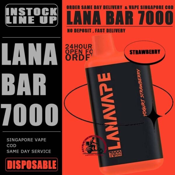 LANA BAR 7000 DISPOSABLE - VAPE DELIVERY SG SINGAPORE The Lana Bar 7000 Puffs is a Yogurt series , compact and stylish disposable vape kit that offers a convenient and satisfying vaping experience, it is perfect for those who prefer a simple yet stylish look. One of the standout features of the Lanabar 7000 is its flavor options. The device offers a range of flavors to choose from, each with its own unique taste profile. The flavors are well-balanced and do not contain any harsh or irritant ingredients, making for a smooth and enjoyable vaping experience. Whether you prefer sweet, fruity, or menthol flavors, This vape has something for everyone. Specification : Nicotine Strength :3% 30mg Battery Capacity : 850mAh Charing Port : Rechargeable Type-C E-liquied Capacity :10ml ⚠️LANA BAR 7000 FLAVOUR LINE UP⚠️ Aloe Blueberry Grape Mango Orange Passion Fruit Peach Mango Peach Ribena Strawberry Watermelon SG VAPE COD SAME DAY DELIVERY , CASH ON DELIVERY ONLY. TAKE BULK ORDER /MORE ORDER PLS CONTACT ME : VAPEDELIVERYSG VIEW OUR DAILY NEWS INFORMATION VAPE : TELEGRAM CHANNEL