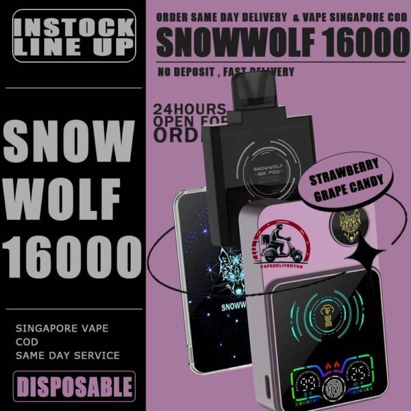 SNOWWOLF 16000 DISPOSABLE STARTER KIT & CARTRIDGE POD - VAPE DELIVERY SG SINGAPORE The SNOWWOLF 16000 ( 16K Puffs ) STARTER KIT & CARTRIDGE POD Disposable vape Ready stock in our sg singapore store online shop for same day delivery. Introducing the innovative Snowwolf Smart HD with an impressive 16,000 puffs capacity. It feature a vibrant HD screen displaying your vaping duration, voltage level, battery life, and liquid percentage. Customize your experience with adjustable voltage settings from 5W to a powerful 15W, all powered by a reliable 650mAh battery with fast charging, 80% charge in just 20 minutes. Discover a unique feature - automatic vaping time monitoring for easy tracking of your sessions. Elevate your vaping experience with the Snowwolf . Locking/Unlocking the Device: To lock or unlock the device, press the button for 3 seconds. Switching Voltage: To switch the voltage, press the button 1 times. Each press will change the voltage in 1W increments. The available voltage options from 5W to 15W. STARTER KIT Package Include : X1 SNOWWOLF Device Battery X1 Prefilled Pod 16k Puffs CARTRIDGE Package Include : X1 Prefilled Pod 16k Puffs Specifition : Nicotine Strength: 50mg ( 5% ) Battery Capacity : 800mAh Wattage : 15-25 watts adjustable Charging : 20 mins super charge Coils : Dual Mesh Coil E-liquid capacity : 12ml ⚠️SNOWWOLF 16000 FLAVOUR LINE UP⚠️ Blow Pop (Strawberry BBG) Blue Power Watermelon (Berry Watermelon BBG) Meta Moon (Strawberry Watermelon Honeydew) Watermelon Mint Bubblegum Kiwi Passion Fruit Aloe Cream Cake Taro Ice Cream Double Mango Lychee Grape Strawberry Watermelon Strawberry Grape Candy Skittles SG VAPE COD SAME DAY DELIVERY , CASH ON DELIVERY ONLY. TAKE BULK ORDER /MORE ORDER PLS CONTACT ME : VAPEDELIVERYSG VIEW OUR DAILY NEWS INFORMATION VAPE : TELEGRAM CHANNEL