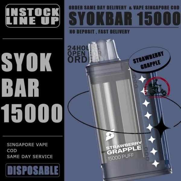 SYOK BAR 15000 ( 15K ) Puffs DISPOSABLE - VAPE DELIVERY SG SINGAPORE The SYOK Bar 15000 vape also as SYOKBAR 15k puffs , this vape kit for you can enjoy one full day , Vape Ready stock at Singapore sg shop on sale for same day delivery. Syokbar 15000 puffs ready stock in Singapore. Syokbar offer 10 fruity flavor options to user. The device has an indicator to show battery and ejuice level. With transparent cover fashion design, syok bar is loved by Singaporean. Try syokbar now at VAPE DELIVERY SG , this device will make you 'syok syok'! Shop now. So fresh so boost with the new visible tank technology : See through flavor easier be prepared. Better taste & longer lasting. 8 min charge 1 day use powerful battery. Specification: Puffs: 15000 Puffs Nicotine Strength: 5% Volume: 25ML Flavour Charging: Recharging with Type C Coil: Mesh Coil Fully Charged Time: 25mins ⚠️SYOK BAR 15K FLAVOUR LINE UP⚠️ Pink Guava Double Grape Double Mango Lemon Sprite Sour Bubblegum Strawberry Honeydew Mango Peach Watermelon Strawberry Grapple Watermelon Slurpee Mixed Fruit Slurpee Sea Salt Lemon Lybena Lychee Double Strawberry Sunkiss Orange Apple Orange Strawberry SG VAPE COD SAME DAY DELIVERY , CASH ON DELIVERY ONLY. TAKE BULK ORDER /MORE ORDER PLS CONTACT ME : VAPEDELIVERYSG VIEW OUR DAILY NEWS INFORMATION VAPE : TELEGRAM CHANNEL