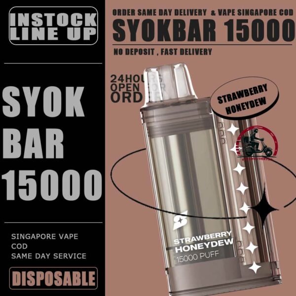 SYOK BAR 15000 ( 15K ) Puffs DISPOSABLE - VAPE DELIVERY SG SINGAPORE The SYOK Bar 15000 vape also as SYOKBAR 15k puffs , this vape kit for you can enjoy one full day , Vape Ready stock at Singapore sg shop on sale for same day delivery. Syokbar 15000 puffs ready stock in Singapore. Syokbar offer 10 fruity flavor options to user. The device has an indicator to show battery and ejuice level. With transparent cover fashion design, syok bar is loved by Singaporean. Try syokbar now at VAPE DELIVERY SG , this device will make you 'syok syok'! Shop now. So fresh so boost with the new visible tank technology : See through flavor easier be prepared. Better taste & longer lasting. 8 min charge 1 day use powerful battery. Specification: Puffs: 15000 Puffs Nicotine Strength: 5% Volume: 25ML Flavour Charging: Recharging with Type C Coil: Mesh Coil Fully Charged Time: 25mins ⚠️SYOK BAR 15K FLAVOUR LINE UP⚠️ Pink Guava Double Grape Double Mango Lemon Sprite Sour Bubblegum Strawberry Honeydew Mango Peach Watermelon Strawberry Grapple Watermelon Slurpee Mixed Fruit Slurpee Sea Salt Lemon Lybena Lychee Double Strawberry Sunkiss Orange Apple Orange Strawberry SG VAPE COD SAME DAY DELIVERY , CASH ON DELIVERY ONLY. TAKE BULK ORDER /MORE ORDER PLS CONTACT ME : VAPEDELIVERYSG VIEW OUR DAILY NEWS INFORMATION VAPE : TELEGRAM CHANNEL