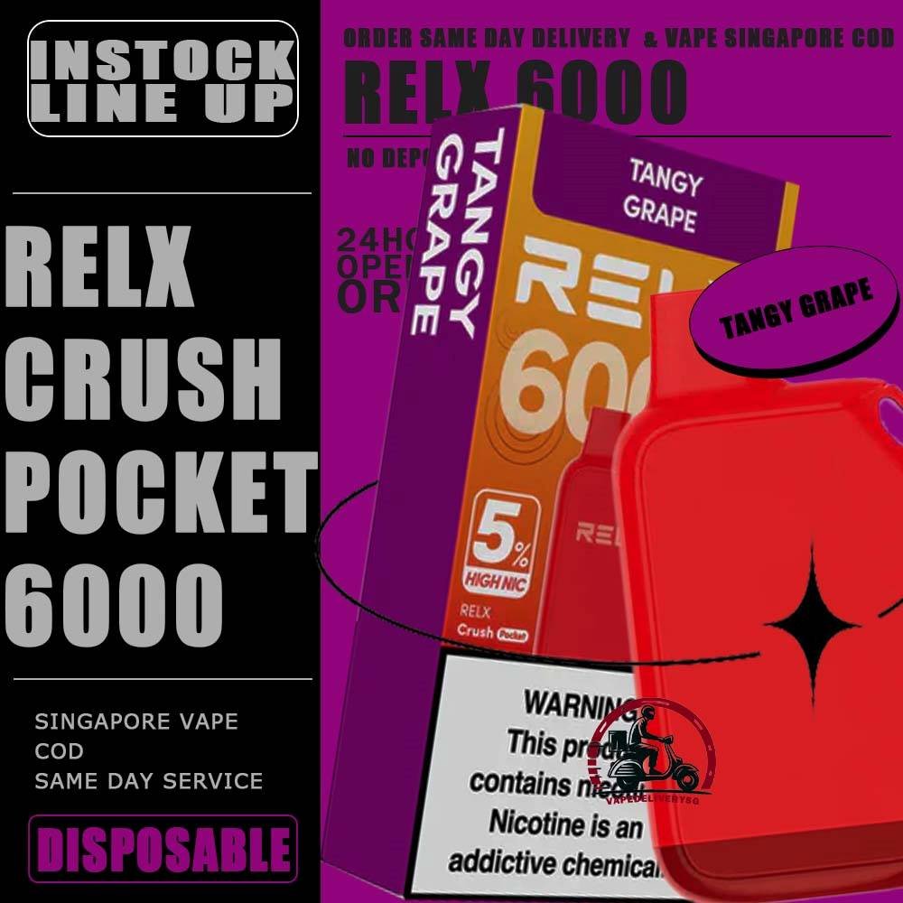 RELX CRUSH POCKET 6000 DISPOSABLE - VAPE DELIVERY SG SINGAPORE The RELX Crush Pocket 6000 Puffs Disposable vape Ready stock at Singapore sg shop on sale for same day delivery. This kit offers a refreshing summer experience with its subtle sweetness, strong cooling effect, and moderate richness RELX Pocket features a puff count of up to 6k puffs, an atomizer with a mech coil 2.0, powered by 10W. Equipped with a 470mAh battery, it reaches 80% charge in just 45 minutes. Specifition : Puffs: 6000 Puff Nicotine Strength : 3% Charging Time : Roughly 30-45min Battery Capacity : Type-C Rechargeable ⚠️RELX CRUSH POCKET 6000 FLAVOUR LINE UP⚠️ Chrysanthemum Tea (3%) Icy Mineral Water (3%) LongJIng Tea (3%) Mint Freeze (3%) Peach Oolong Tea (3%) Root Beer (3%) Sea Salt Lemon (3%) Sour Plum Cola (3%) TieGuanYin Tea (3%) Watermelon Chill (3%) Creamy Tobacco (5%) Fresh Mint (5%) Mocha (5%) Tangy Grape (5%) Triple Mango (5%) SG VAPE COD SAME DAY DELIVERY , CASH ON DELIVERY ONLY. TAKE BULK ORDER /MORE ORDER PLS CONTACT ME : VAPEDELIVERYSG VIEW OUR DAILY NEWS INFORMATION VAPE : TELEGRAM CHANNEL