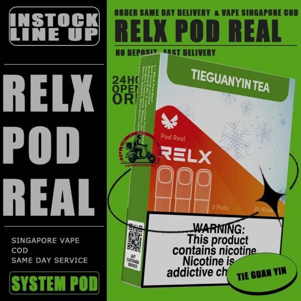 RELX POD REAL - VAPE DELIVERY SG SINGAPORE The RELX Pod Real comes in a package of 3 pods, offering a more cost-effective option at less than RM10.7 per pod. Ready Stock at our singapore vape delivery sg , order with us get it same day received ! Powered by VCOT technology, the RELX Pod Real delivers superior cooling and richness with a 25% increase. Each pod offers up to 1000 puffs, cumulatively offering up to 3,000 puffs in the 3-pod pack, to ensure a lasting good taste experience. Featuring a visible tank to prevent burnt taste, it also provides exclusive flavors like Chrysanthemum Tea and Sour Plum Cola. Specification: Capacity: 2ML per pods Package: 3 pods Nicotine Strength: 3% Approximately Puffs: 100 per pods Compatible Device with : Relx Infinity 2 Device Relx Mini Device ⚠️RELX POD REAL FLAVOUR LINE UP⚠️ Chrysanthemum Tea Grape TieGuanYin Icy Mineral Water Longjing Tea Matcha Frappe Orange Americano Pineapple Pink Guava Root Beer Sakura Grape Salty Caramel Coffee Sea Salt Lemon Sea Salt Mango Sour Haw Flakes Sour Plum Cola Strawberry Burst Tie Guan Yin SG VAPE COD SAME DAY DELIVERY , CASH ON DELIVERY ONLY. TAKE BULK ORDER /MORE ORDER PLS CONTACT ME : VAPEDELIVERYSG VIEW OUR DAILY NEWS INFORMATION VAPE : TELEGRAM CHANNEL