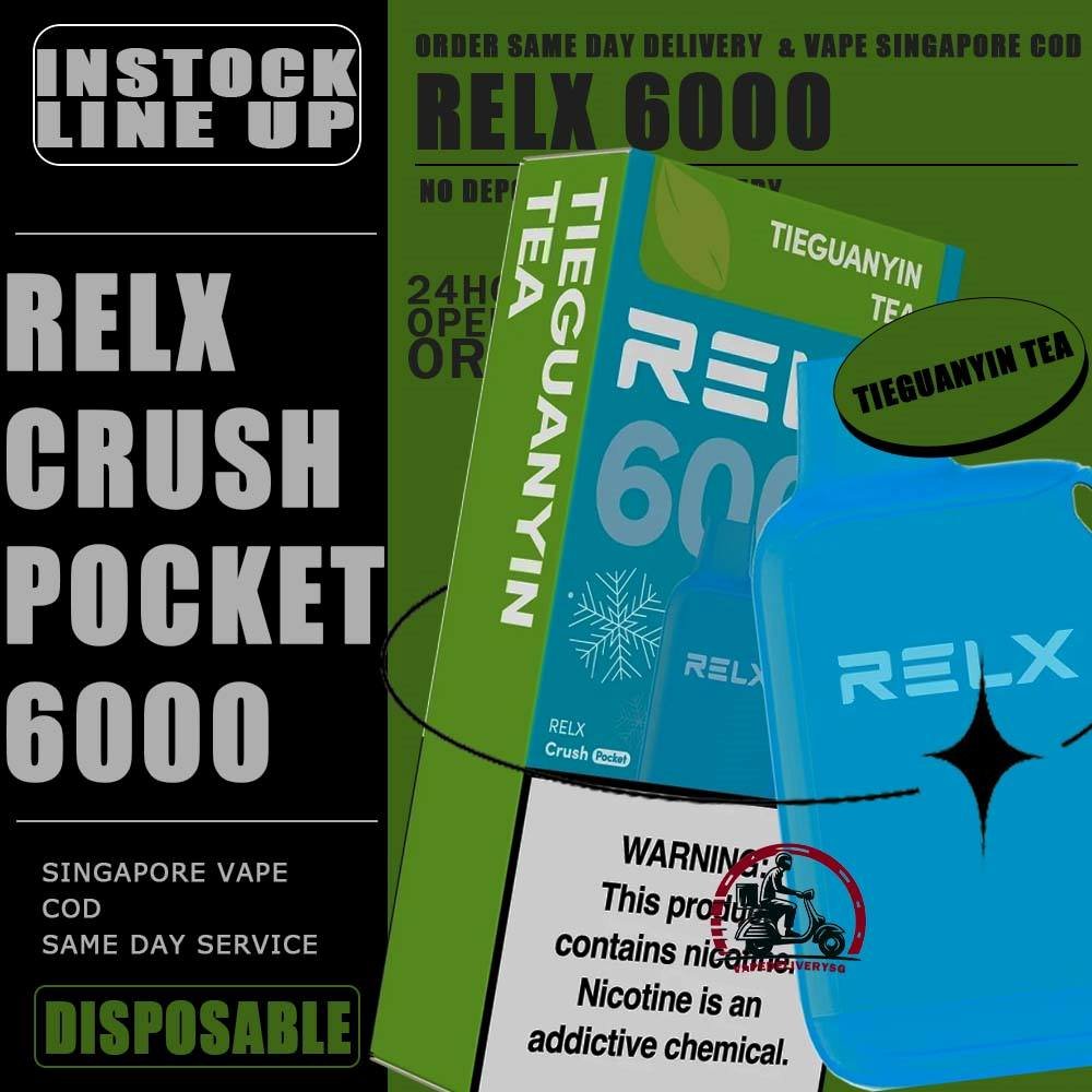 RELX CRUSH POCKET 6000 DISPOSABLE - VAPE DELIVERY SG SINGAPORE The RELX Crush Pocket 6000 Puffs Disposable vape Ready stock at Singapore sg shop on sale for same day delivery. This kit offers a refreshing summer experience with its subtle sweetness, strong cooling effect, and moderate richness RELX Pocket features a puff count of up to 6k puffs, an atomizer with a mech coil 2.0, powered by 10W. Equipped with a 470mAh battery, it reaches 80% charge in just 45 minutes. Specifition : Puffs: 6000 Puff Nicotine Strength : 3% Charging Time : Roughly 30-45min Battery Capacity : Type-C Rechargeable ⚠️RELX CRUSH POCKET 6000 FLAVOUR LINE UP⚠️ Chrysanthemum Tea (3%) Icy Mineral Water (3%) LongJIng Tea (3%) Mint Freeze (3%) Peach Oolong Tea (3%) Root Beer (3%) Sea Salt Lemon (3%) Sour Plum Cola (3%) TieGuanYin Tea (3%) Watermelon Chill (3%) Creamy Tobacco (5%) Fresh Mint (5%) Mocha (5%) Tangy Grape (5%) Triple Mango (5%) SG VAPE COD SAME DAY DELIVERY , CASH ON DELIVERY ONLY. TAKE BULK ORDER /MORE ORDER PLS CONTACT ME : VAPEDELIVERYSG VIEW OUR DAILY NEWS INFORMATION VAPE : TELEGRAM CHANNEL