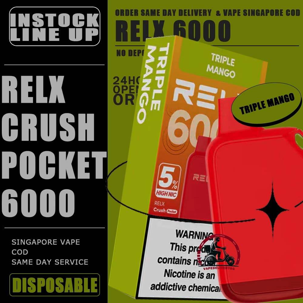RELX CRUSH POCKET 6000 DISPOSABLE - VAPE DELIVERY SG SINGAPORE The RELX Crush Pocket 6000 Puffs Disposable vape Ready stock at Singapore sg shop on sale for same day delivery. This kit offers a refreshing summer experience with its subtle sweetness, strong cooling effect, and moderate richness RELX Pocket features a puff count of up to 6k puffs, an atomizer with a mech coil 2.0, powered by 10W. Equipped with a 470mAh battery, it reaches 80% charge in just 45 minutes. Specifition : Puffs: 6000 Puff Nicotine Strength : 3% Charging Time : Roughly 30-45min Battery Capacity : Type-C Rechargeable ⚠️RELX CRUSH POCKET 6000 FLAVOUR LINE UP⚠️ Chrysanthemum Tea (3%) Icy Mineral Water (3%) LongJIng Tea (3%) Mint Freeze (3%) Peach Oolong Tea (3%) Root Beer (3%) Sea Salt Lemon (3%) Sour Plum Cola (3%) TieGuanYin Tea (3%) Watermelon Chill (3%) Creamy Tobacco (5%) Fresh Mint (5%) Mocha (5%) Tangy Grape (5%) Triple Mango (5%) SG VAPE COD SAME DAY DELIVERY , CASH ON DELIVERY ONLY. TAKE BULK ORDER /MORE ORDER PLS CONTACT ME : VAPEDELIVERYSG VIEW OUR DAILY NEWS INFORMATION VAPE : TELEGRAM CHANNEL