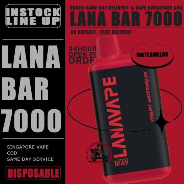 LANA BAR 7000 DISPOSABLE - VAPE DELIVERY SG SINGAPORE The Lana Bar 7000 Puffs is a Yogurt series , compact and stylish disposable vape kit that offers a convenient and satisfying vaping experience, it is perfect for those who prefer a simple yet stylish look. One of the standout features of the Lanabar 7000 is its flavor options. The device offers a range of flavors to choose from, each with its own unique taste profile. The flavors are well-balanced and do not contain any harsh or irritant ingredients, making for a smooth and enjoyable vaping experience. Whether you prefer sweet, fruity, or menthol flavors, This vape has something for everyone. Specification : Nicotine Strength :3% 30mg Battery Capacity : 850mAh Charing Port : Rechargeable Type-C E-liquied Capacity :10ml ⚠️LANA BAR 7000 FLAVOUR LINE UP⚠️ Aloe Blueberry Grape Mango Orange Passion Fruit Peach Mango Peach Ribena Strawberry Watermelon SG VAPE COD SAME DAY DELIVERY , CASH ON DELIVERY ONLY. TAKE BULK ORDER /MORE ORDER PLS CONTACT ME : VAPEDELIVERYSG VIEW OUR DAILY NEWS INFORMATION VAPE : TELEGRAM CHANNEL