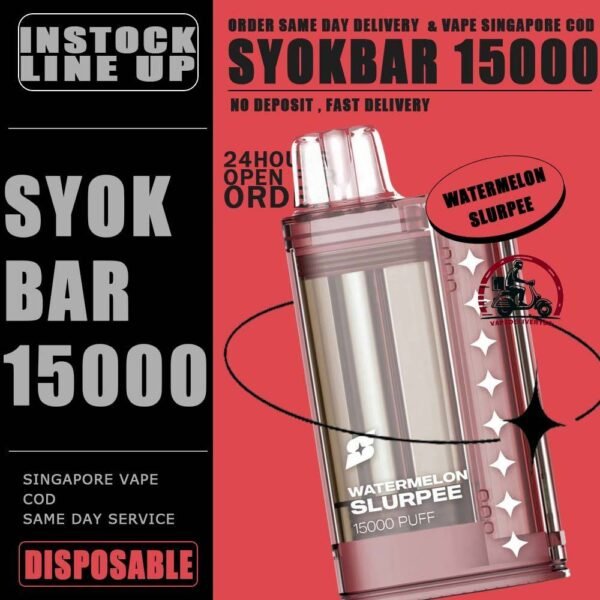 SYOK BAR 15000 ( 15K ) Puffs DISPOSABLE - VAPE DELIVERY SG SINGAPORE The SYOK Bar 15000 vape also as SYOKBAR 15k puffs , this vape kit for you can enjoy one full day , Vape Ready stock at Singapore sg shop on sale for same day delivery. Syokbar 15000 puffs ready stock in Singapore. Syokbar offer 10 fruity flavor options to user. The device has an indicator to show battery and ejuice level. With transparent cover fashion design, syok bar is loved by Singaporean. Try syokbar now at VAPE DELIVERY SG , this device will make you 'syok syok'! Shop now. So fresh so boost with the new visible tank technology : See through flavor easier be prepared. Better taste & longer lasting. 8 min charge 1 day use powerful battery. Specification: Puffs: 15000 Puffs Nicotine Strength: 5% Volume: 25ML Flavour Charging: Recharging with Type C Coil: Mesh Coil Fully Charged Time: 25mins ⚠️SYOK BAR 15K FLAVOUR LINE UP⚠️ Pink Guava Double Grape Double Mango Lemon Sprite Sour Bubblegum Strawberry Honeydew Mango Peach Watermelon Strawberry Grapple Watermelon Slurpee Mixed Fruit Slurpee Sea Salt Lemon Lybena Lychee Double Strawberry Sunkiss Orange Apple Orange Strawberry SG VAPE COD SAME DAY DELIVERY , CASH ON DELIVERY ONLY. TAKE BULK ORDER /MORE ORDER PLS CONTACT ME : VAPEDELIVERYSG VIEW OUR DAILY NEWS INFORMATION VAPE : TELEGRAM CHANNEL