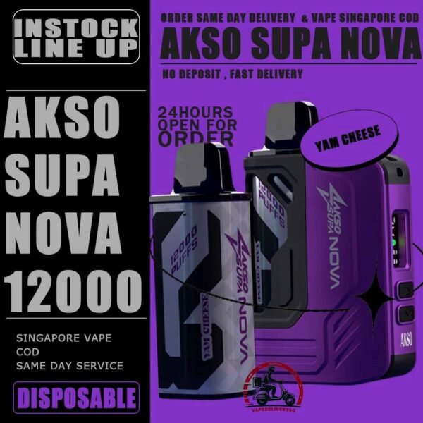 AKSO SUPA NOVA 12000 DISPOSABLE ( STARTER KIT & CARTRIDGE POD ) - VAPE DELIVERY SG SINGAPORE The AKSO SUPA NOVA 12000 puffs disposable vape is Starter Kit & Prefilled Pod design ,ready stock in our sg singapore store online shop for same day delivery. Introducing the AKSO Supa Nova 12k closed pod disposable vape, crafted for flexibility and ease of use. It features adjustable wattage ranging from 10W to 20W, allowing users to customize their vaping experience. Safety is paramount with a child lock and a rechargeable battery equipped with anti-overcharge and auto cut-off systems. Monitoring your vape is simple with liquid and battery indicators, ensuring you're always informed. Adjust the airflow to your liking and enjoy up to 12,000 puffs per cartridge. Plus, it's compatible with cartridges from the Akso Supa Pro series, offering compatibility and versatility for vapers. SAFETY : Designed with user safety and convenience in mind. It features a child lock mechanism where activation and deactivation require pressing any button for 3 seconds, preventing accidental operation. The rechargeable battery includes anti-overcharge protection and an auto cut-off system, ensuring prolonged battery lifespan and safe charging practices. CARTRIDGE SYSTEM POD : Offering an impressive 12k puff capacity per cartridge. It is compatible with cartridges from the Akso Supa Pro series, providing versatility and convenience. With over 40 flavors to choose from, users can explore a wide range of options to suit their preferences and tastes. Specifications : Puff: 12000 Puffs Nicotine Strength: 5% Adjustable wattage : 10W to 20W Liquid and battery indicator Charging Port: 650 mAh Rechargeable Type-C ⚠️AKSO SUPA NOVA 12000 STARTER KIT & CARTRIDGE FLAVOUR LINE UP⚠️ Strawberry Banana Custard Honeydew Chocolate Mint Butter Mint Candy Strawberry Mango Strawberry Yam Cheese Blackcurrant Oat Crunch Mango Sirap Bandung Vanilla Tobacco Passion Soursop Mango Mango Passion Grape Apple Custard Cranberry Grape Milk Caramel Watermelon Gummy Icy Watermelon Gum Icy Lemon Cola Icy Grape Apple Icy Watermelon Strawberry Icy Honey Melon Icy Energy Drink SG VAPE COD SAME DAY DELIVERY , CASH ON DELIVERY ONLY. TAKE BULK ORDER /MORE ORDER PLS CONTACT ME : VAPEDELIVERYSG VIEW OUR DAILY NEWS INFORMATION VAPE : TELEGRAM CHANNEL