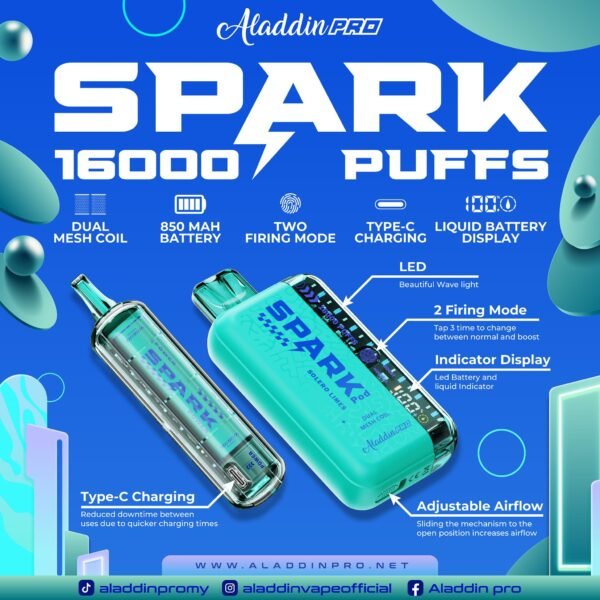 ALADDIN PRO SPARK 16000 DISPOSABLE - VAPE DELIVERY SG SINGAPORE Experience the ultimate in vaping convenience and satisfaction with the Aladdin Pro Spark 16,000 Puffs Disposable Vape. With a variety of mouthwatering flavors, an impressive puff count, and advanced features, it's the perfect choice for vapers seeking quality and reliability. Order now and discover why the Aladdin Pro Spark 16k is the ideal disposable vape for all your needs. Why Choose Aladdin Spark 16000 Puffs? • Extended Puff Count: With 16,000 puffs per device, the disposable ensures long-lasting vaping sessions without frequent replacements. • Powerful Battery: Equipped with an 850mAh battery, this device offers extended use and reliable performance. • Advanced Features: Two firing modes and dual mesh technology provide a customizable and efficient vaping experience. • Easy Monitoring: The display shows liquid and battery percentage, ensuring you're always informed about your device's status. • Convenient and Rechargeable: Rechargeable with a Type-C cable, the Aladdin Pro Spark 16000 is designed for convenience and continuous use. Specifications: Approx. 16000 Puffs Dual Mesh Two Firing Mode Liquid & Battery Display Adjustable Airflow Rechargeable Battery 850mAh Charging Port: Type-C ⚠️ALADDIN SPARK 16000 FLAVOUR LINE UP⚠️ Cappuccino  Double Mango Candy Guava Hazelnut Coffee Honeydew Honeydew Yakult Mango Mango Peach Mango Yakult Ribena Yakult Solero Limes Sour Bubblegum Strawberry Blackcurrant  Strawberry Mango Strawberry Yakult Taro Yam Yakult Berries Yogurt  Double Mango Slurpee  Double Grape Slurpee  Kiwi Mango Watermelon  Pineapple Apple  Thai Bubble Tea  Rybena Lychee SG VAPE COD SAME DAY DELIVERY , CASH ON DELIVERY ONLY. TAKE BULK ORDER /MORE ORDER PLS CONTACT ME : VAPEDELIVERYSG VIEW OUR DAILY NEWS INFORMATION VAPE : TELEGRAM CHANNEL