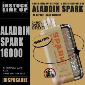 ALADDIN PRO SPARK 16000 DISPOSABLE - VAPE DELIVERY SG SINGAPORE Experience the ultimate in vaping convenience and satisfaction with the Aladdin Pro Spark 16,000 Puffs Disposable Vape. With a variety of mouthwatering flavors, an impressive puff count, and advanced features, it's the perfect choice for vapers seeking quality and reliability. Order now and discover why the Aladdin Pro Spark 16k is the ideal disposable vape for all your needs. Why Choose Aladdin Spark 16000 Puffs? • Extended Puff Count: With 16,000 puffs per device, the disposable ensures long-lasting vaping sessions without frequent replacements. • Powerful Battery: Equipped with an 850mAh battery, this device offers extended use and reliable performance. • Advanced Features: Two firing modes and dual mesh technology provide a customizable and efficient vaping experience. • Easy Monitoring: The display shows liquid and battery percentage, ensuring you're always informed about your device's status. • Convenient and Rechargeable: Rechargeable with a Type-C cable, the Aladdin Pro Spark 16000 is designed for convenience and continuous use. Specifications: Approx. 16000 Puffs Dual Mesh Two Firing Mode Liquid & Battery Display Adjustable Airflow Rechargeable Battery 850mAh Charging Port: Type-C ⚠️ALADDIN SPARK 16000 FLAVOUR LINE UP⚠️ Cappuccino  Double Mango Candy Guava Hazelnut Coffee Honeydew Honeydew Yakult Mango Mango Peach Mango Yakult Ribena Yakult Solero Limes Sour Bubblegum Strawberry Blackcurrant  Strawberry Mango Strawberry Yakult Taro Yam Yakult Berries Yogurt  Double Mango Slurpee  Double Grape Slurpee  Kiwi Mango Watermelon  Pineapple Apple  Thai Bubble Tea  Rybena Lychee SG VAPE COD SAME DAY DELIVERY , CASH ON DELIVERY ONLY. TAKE BULK ORDER /MORE ORDER PLS CONTACT ME : VAPEDELIVERYSG VIEW OUR DAILY NEWS INFORMATION VAPE : TELEGRAM CHANNEL