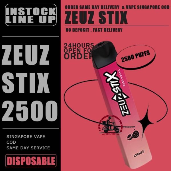ZEUZ STIX 2500 DISPOSABLE - VAPE DELIVERY SG SINGAPORE The performance of the Zeuz Stix 2500 is one of its standout features. The mesh coil technology ensures that each puff delivers a rich and satisfying flavor. The 1100mAh battery provides ample power for extended use, making it a reliable choice for vapers who are constantly on the go. Additionally, the draw-activated firing mechanism allows for an easy and seamless vaping experience without the need for buttons. The design of the Zeuz Stick 2500 is both sleek and functional. It is compact and lightweight, making it easy to carry in your pocket or bag. The ergonomic design ensures a comfortable grip, while the vibrant color options add a touch of style. The device is also equipped with an LED indicator that lights up during use, adding a modern touch to its design. Specifications: Approx. 2500 Puffs Nicotine : 3% 30mg Capacity 8ml Rechargeable 280mAh Battery Type C Port ⚠️ZEUZ STIX 2500 FLAVOUR LINE UP⚠️ Amazing Mango Chrysanthemum Tea Grape Bubblegum Lychee Mint Chewing Gum Mineral Water Peach Red Bull Rootbeer Sour Apple Strawberry Watermelon Strawberry Lemon Solero Lime Sea Salt Lemon Tie Guan Yin Vanilla Coke Watermelon Ice White Grape Oolong Tea SG VAPE COD SAME DAY DELIVERY , CASH ON DELIVERY ONLY. TAKE BULK ORDER /MORE ORDER PLS CONTACT ME : VAPEDELIVERYSG VIEW OUR DAILY NEWS INFORMATION VAPE : TELEGRAM CHANNEL